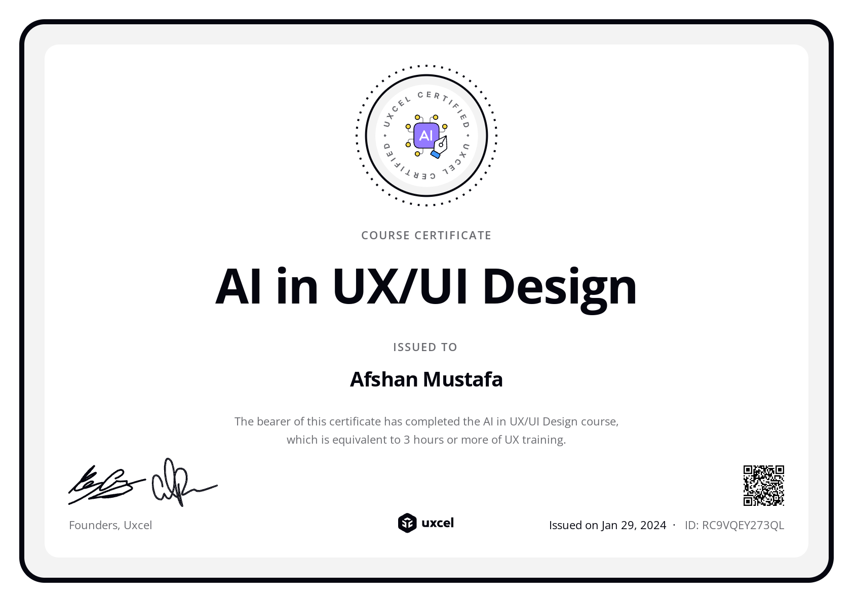 Afshan Mustafa's certificate